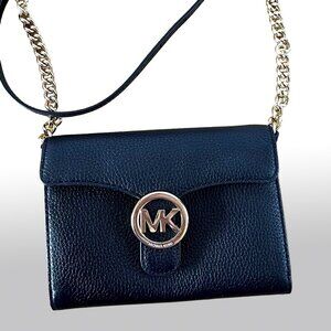 Michael Kors Black MK Logo Flap Crossbody Gold Chain Bag